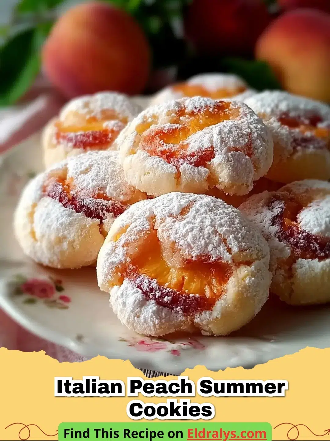 Beautifully crafted Italian Peach Summer Cookies on a white platter garnished with mint leaves.