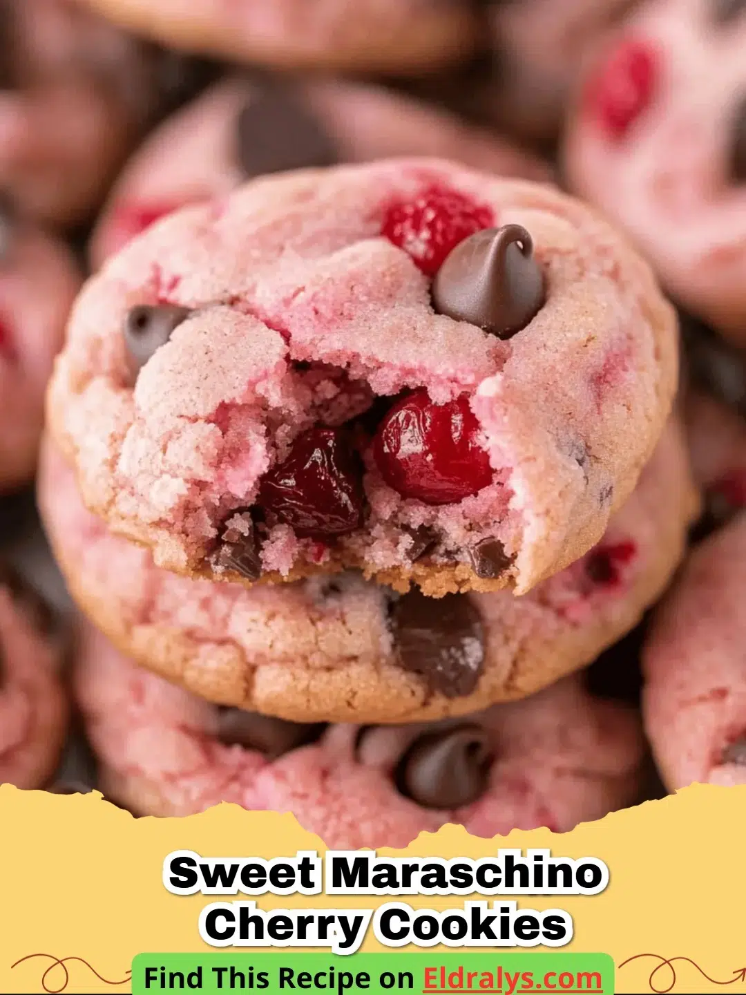 A tray of freshly baked pink Maraschino Cherry Cookies with visible cherry chunks.