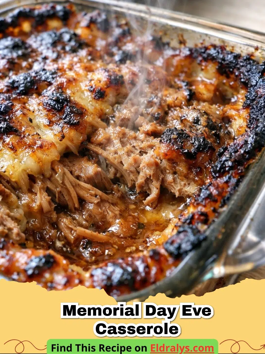 A golden brown Memorial Day Eve Casserole topped with crispy tater tots and melted cheese.