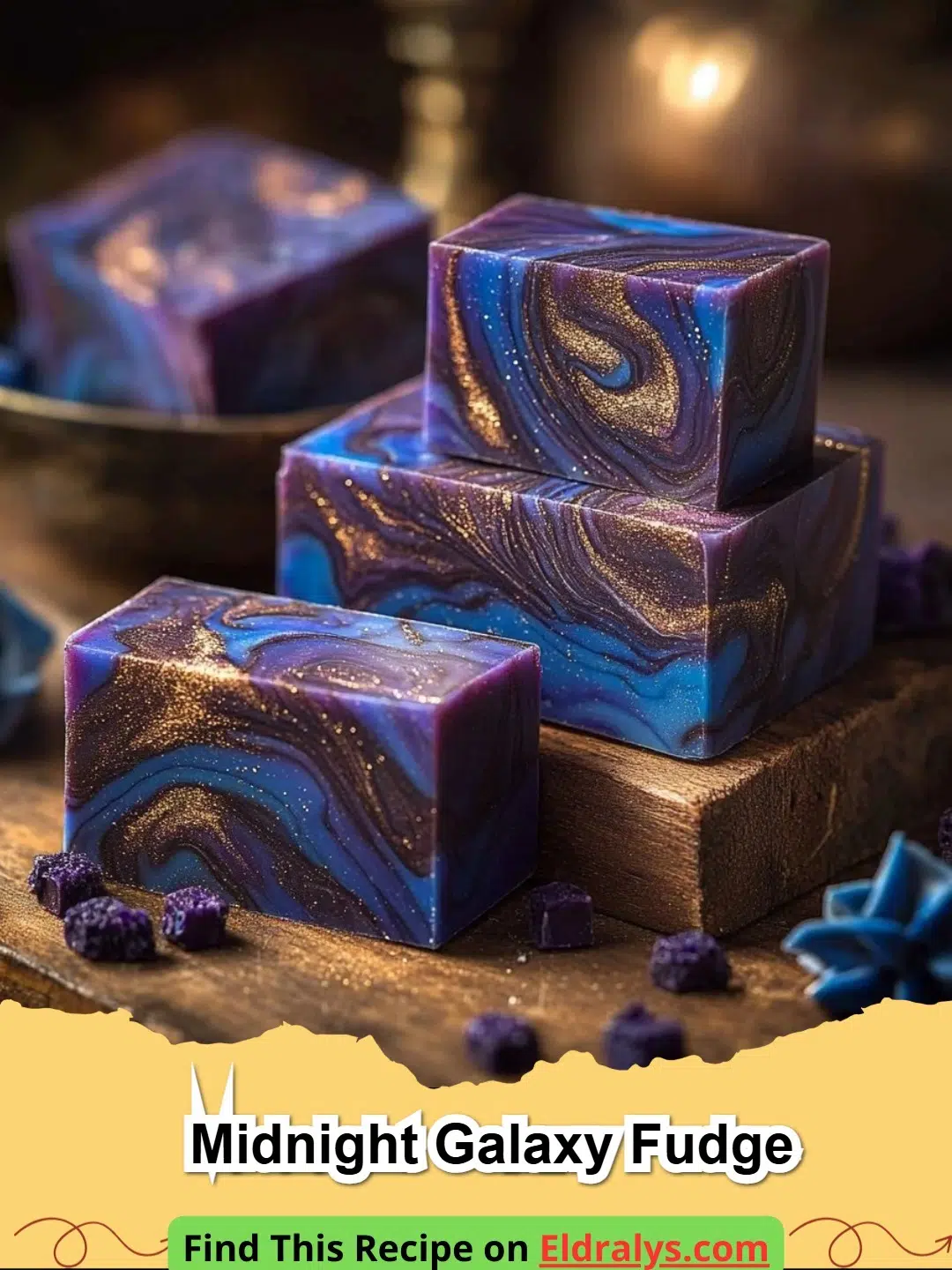 Close up of Midnight Galaxy Fudge with dark chocolate base and colorful nebula swirls