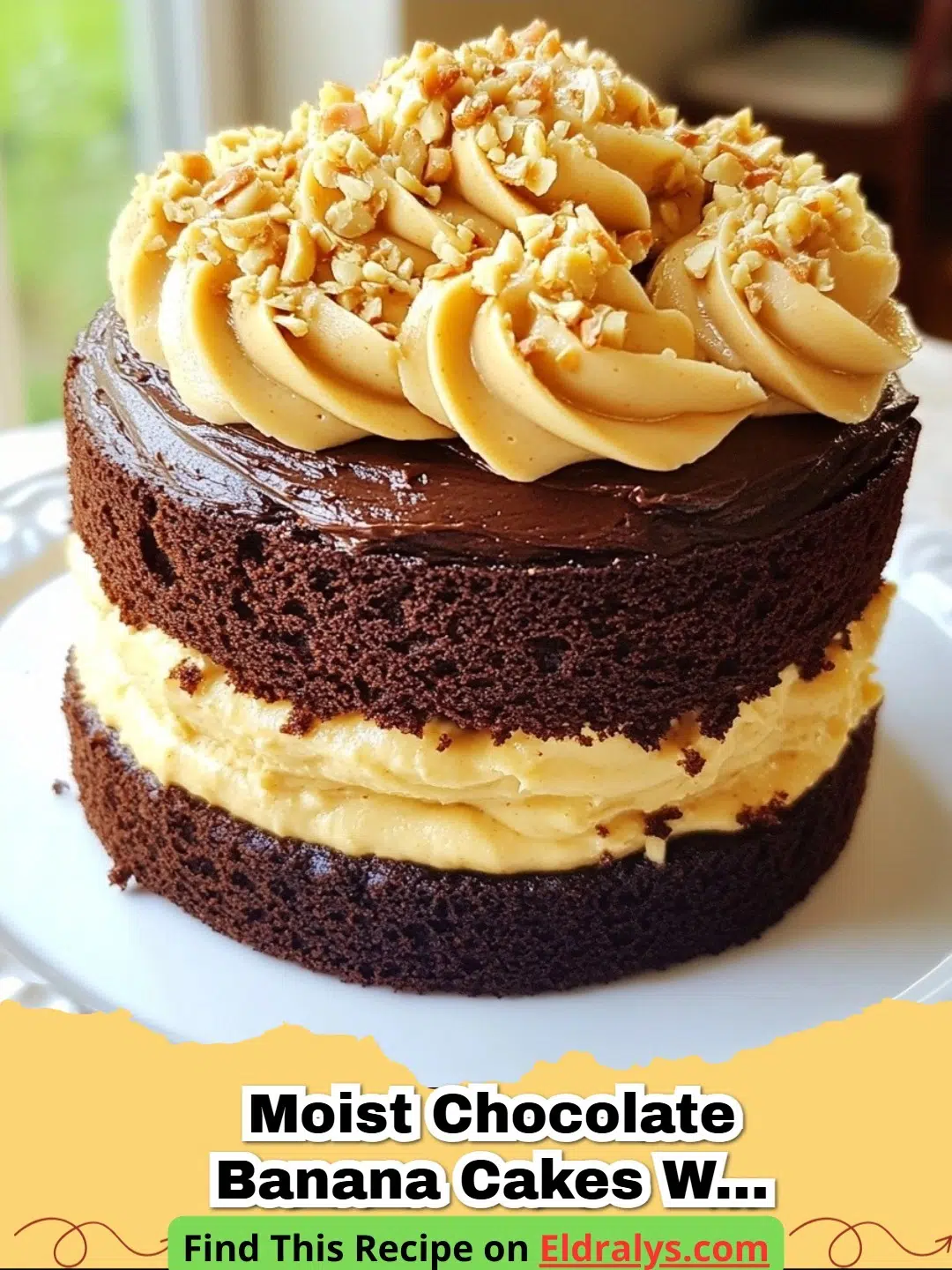 Close up of Moist Chocolate Banana Cakes with Peanut Butter Frosting on a plate