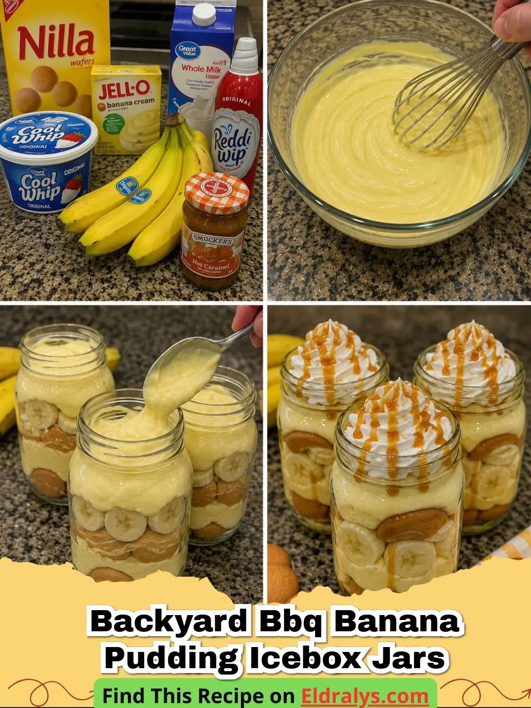 Individual No-Bake Banana Pudding Jars layered with wafers and fresh bananas