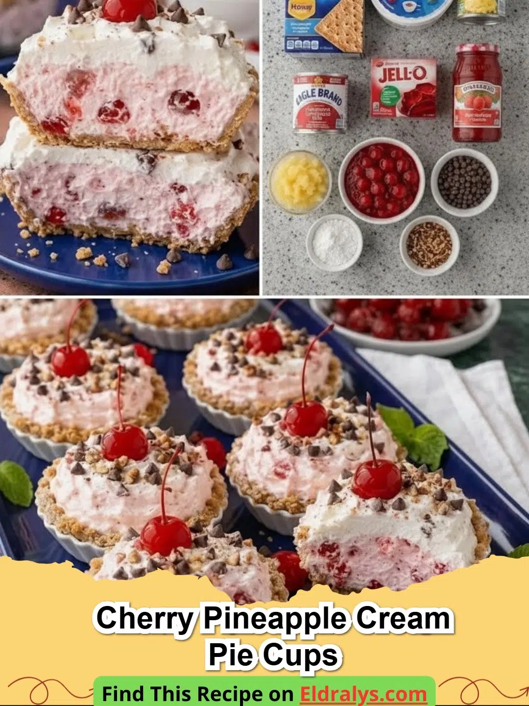 Individual No-Bake Cherry Pineapple Cream Pie Cups topped with whipped cream and cherries.