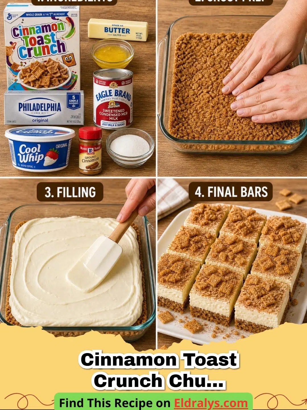 Close up of No-Bake Cinnamon Toast Crunch Churro Cheesecake Bars with cereal topping