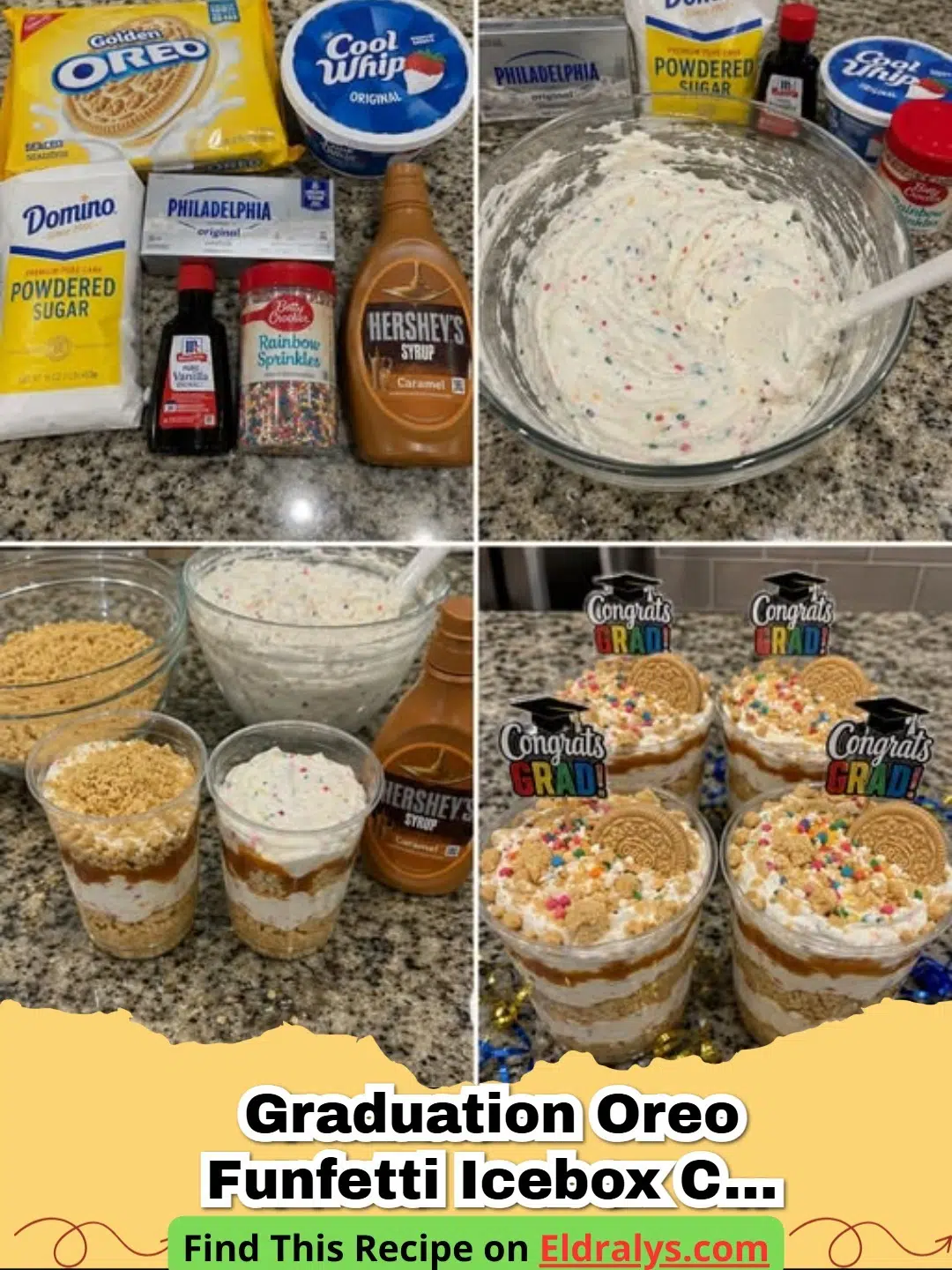 Close up of No-Bake Golden Oreo Funfetti Icebox Cake Cups with sprinkles and caramel drizzle
