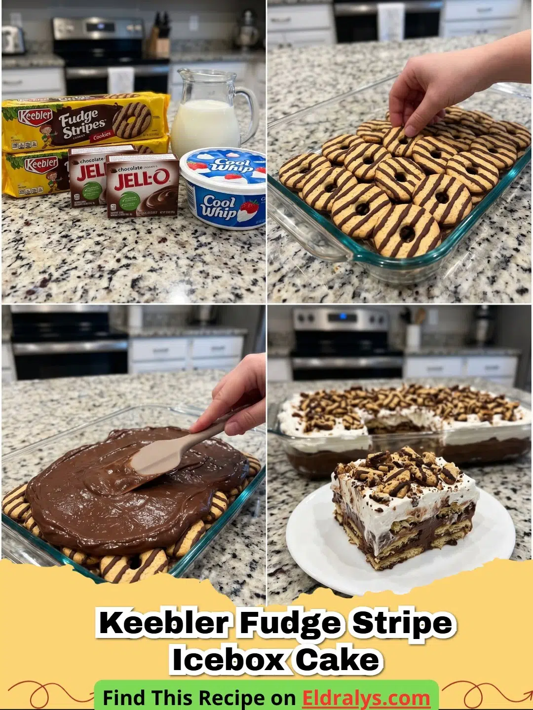 A close up shot of a slice of No-Bake Keebler Fudge Stripe Icebox Cake showing layers of pudding and cookies.