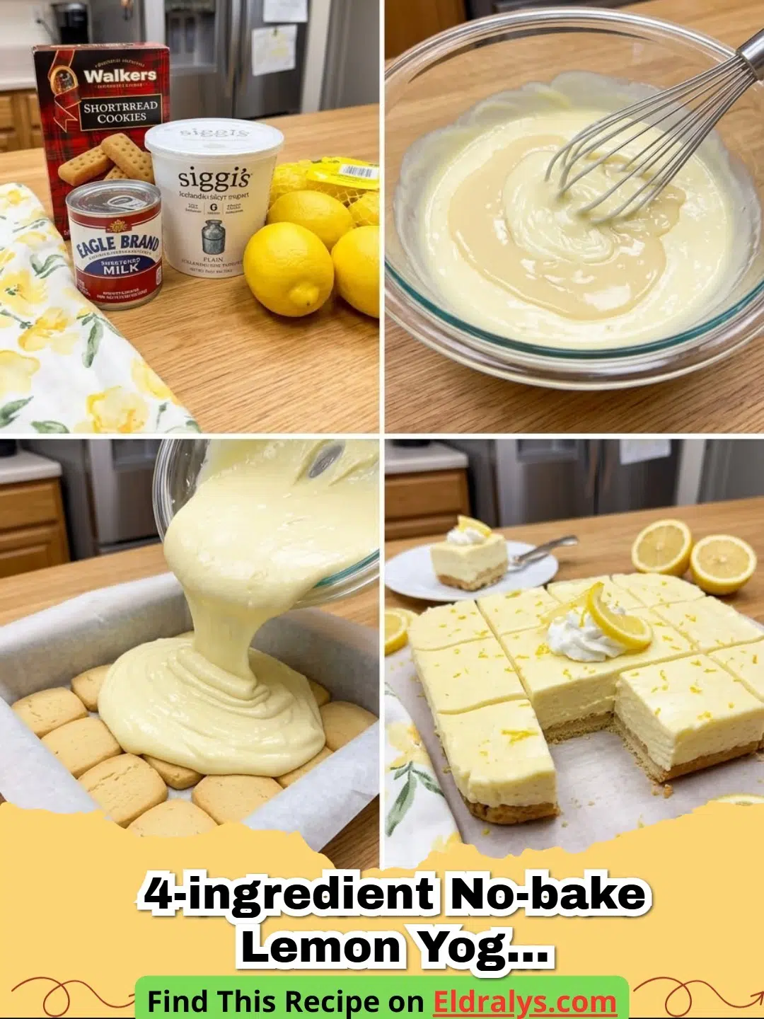 Close up of 4-Ingredient No-Bake Lemon Yogurt Cheesecake Bars on a white plate