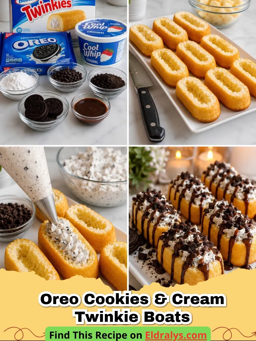 A tray of delicious No-Bake Oreo Cookies and Cream Twinkie Boats with chocolate drizzle.