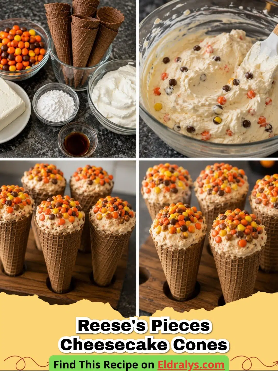A close up of No-Bake Reese's Pieces Cheesecake Cones with bright orange candies