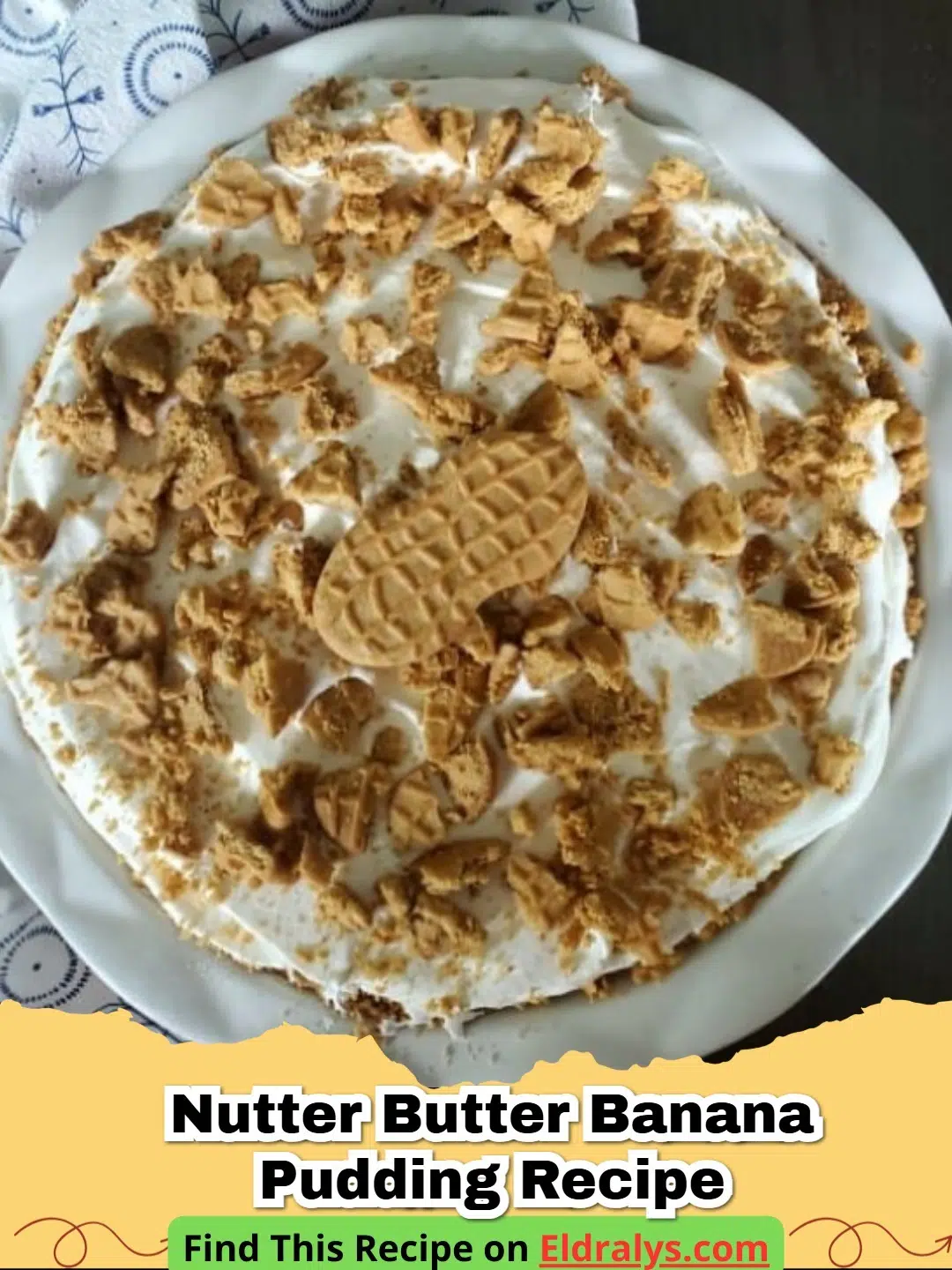 A glass trifle bowl filled with layers of Nutter Butter Banana Pudding Recipe showing cookies and bananas.