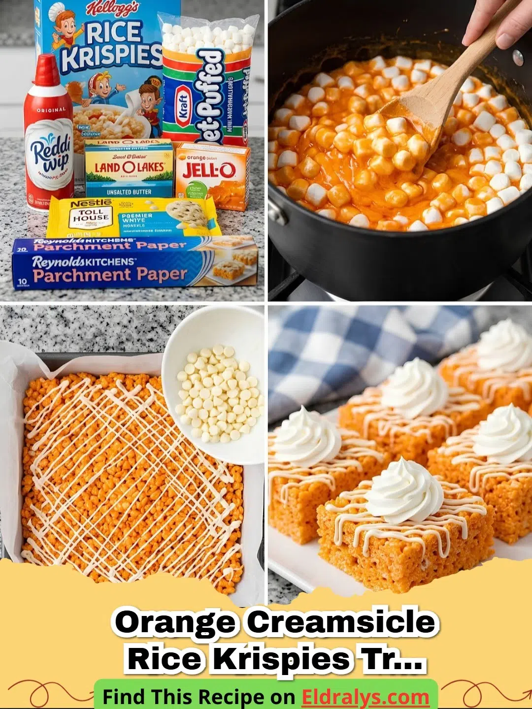 Close up of Orange Creamsicle Rice Krispies Treat Squares on a plate
