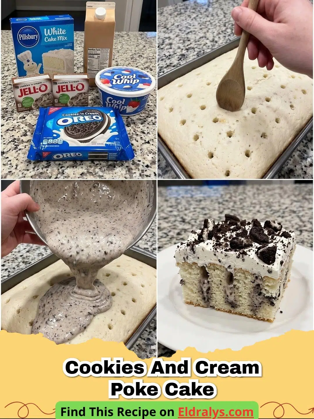 A close-up slice of Oreo Cookies and Cream Poke Cake showing the pudding-filled holes and cookie topping.