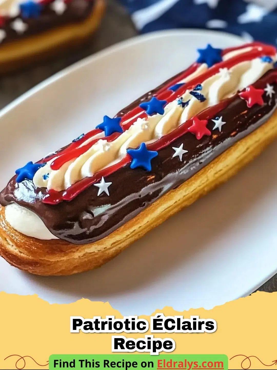 Patriotic Éclairs Recipe - A tray of Patriotic Éclairs decorated with red white and blue icing and fresh berries