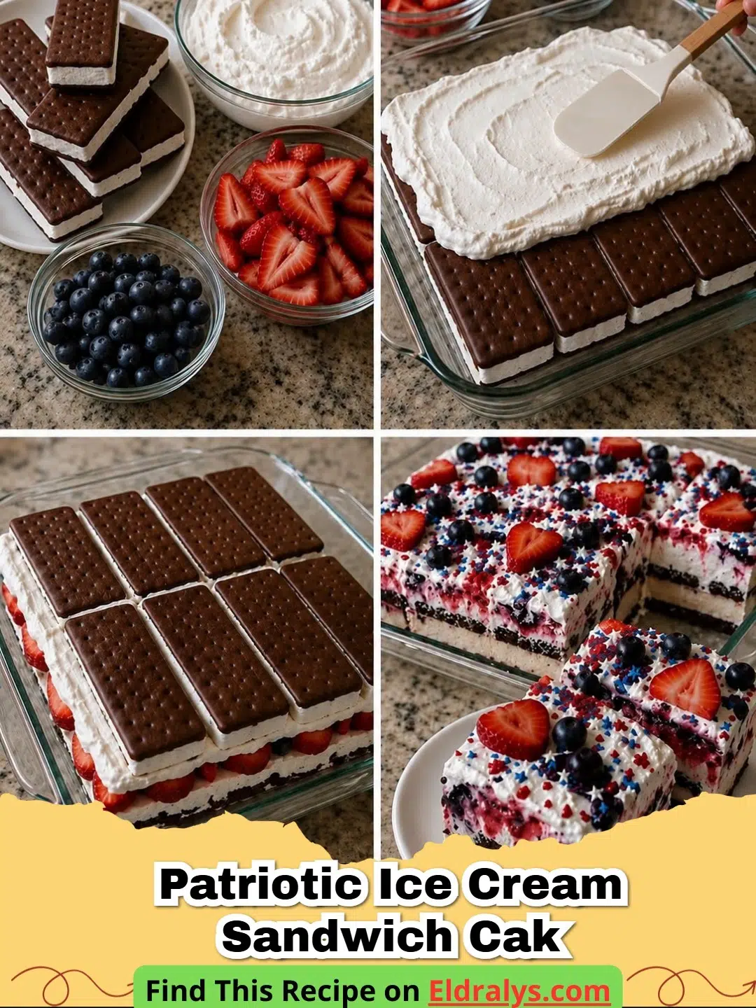 A sliced Patriotic Ice Cream Sandwich Cake showing red, white, and blue layers.
