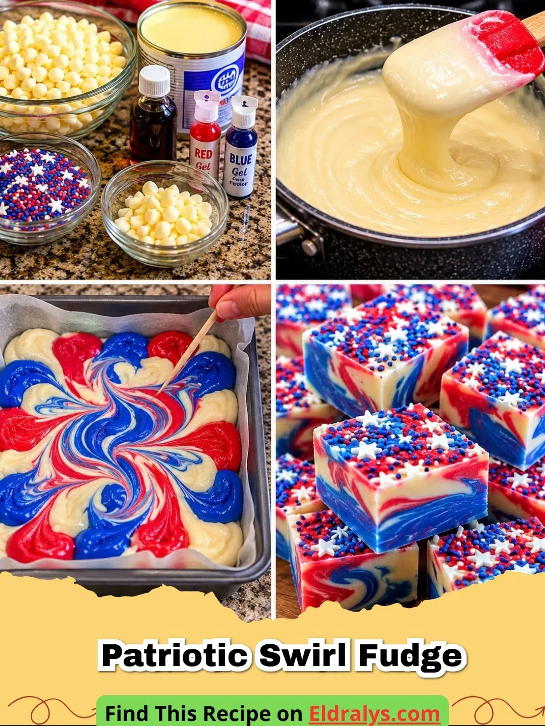 Close up of Patriotic Swirl Fudge squares with red white and blue swirls on a white plate