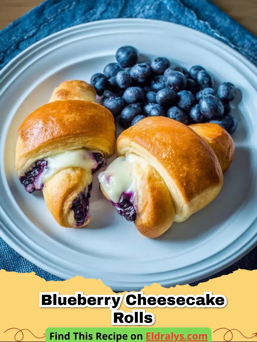 A close-up shot of gooey Blueberry Cheesecake Rolls with lemon glaze and fresh berries dripping from the center.