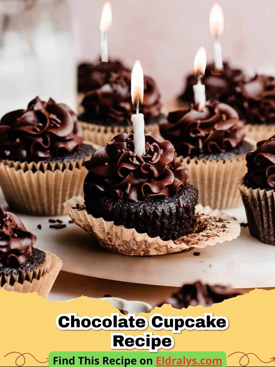 A tray of frosted chocolate cupcakes showing a moist chocolate cupcake recipe result.
