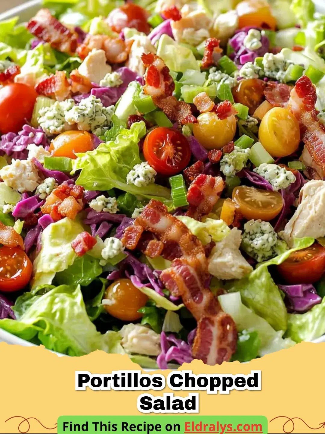 A close up view of an authentic Portillos Chopped Salad in a large bowl