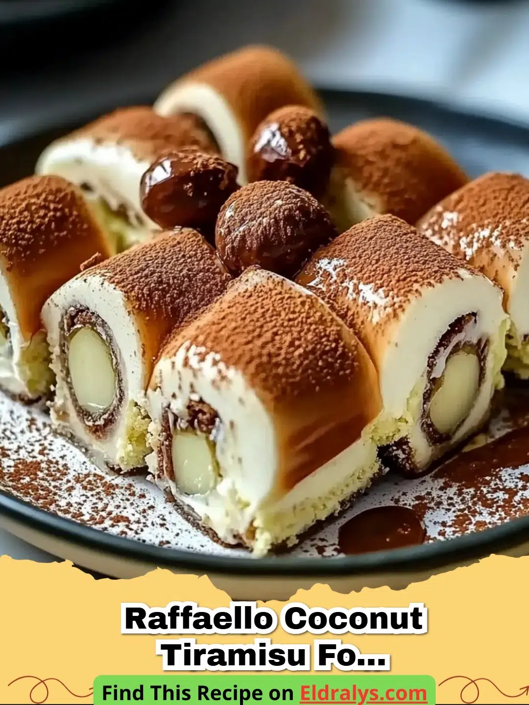 A close-up of Raffaello Coconut Tiramisu for a Tropical escape with white chocolate shavings.