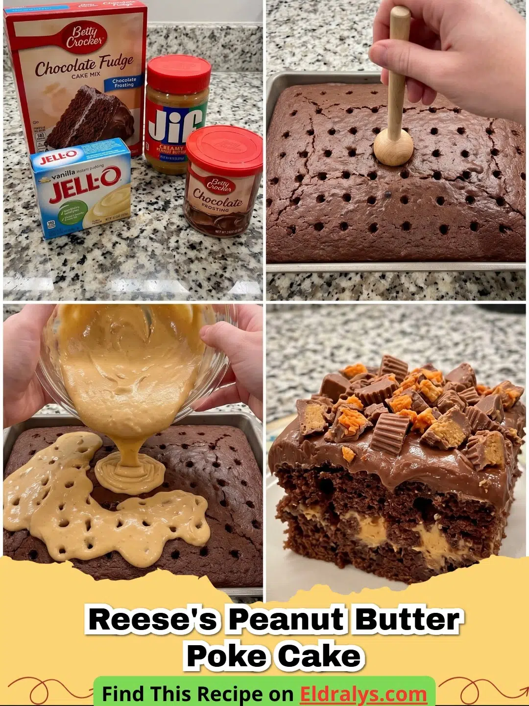 A delicious slice of Reese's Peanut Butter Poke Cake showing the pudding-filled holes.