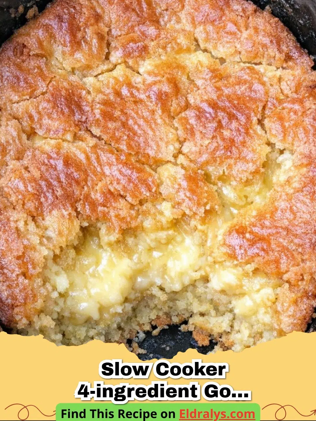 slow cooker 4-ingredient gooey butter cake - Slow cooker 4-ingredient gooey butter cake served on a plate with powdered sugar