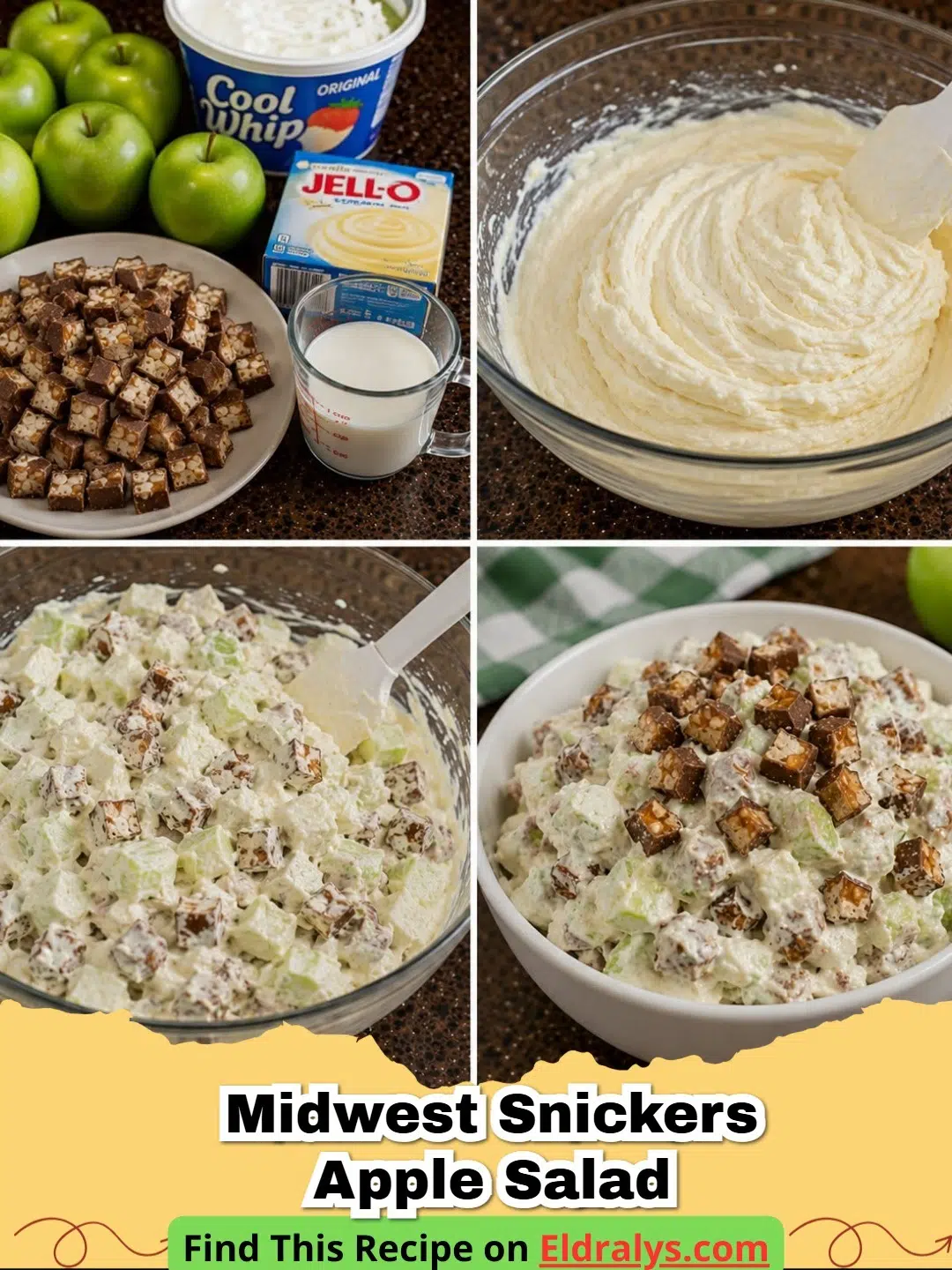 A large bowl of creamy Snickers Apple Salad with visible green apple chunks and chocolate pieces.