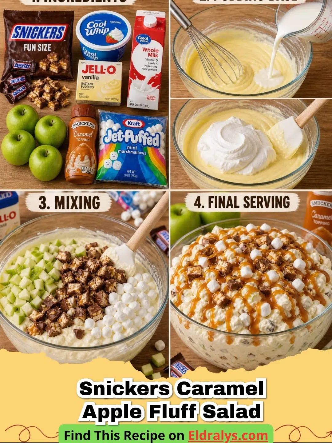 A close up bowl of Snickers Caramel Apple Salad with caramel drizzle