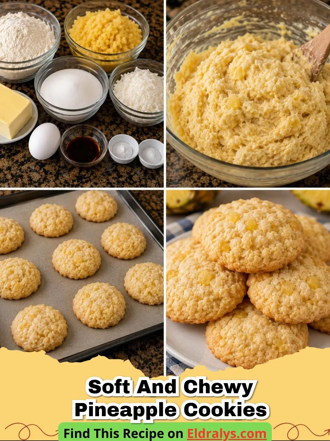 Soft and Chewy Pineapple Cookies Recipe - A stack of golden brown soft and chewy pineapple cookies on a white plate.