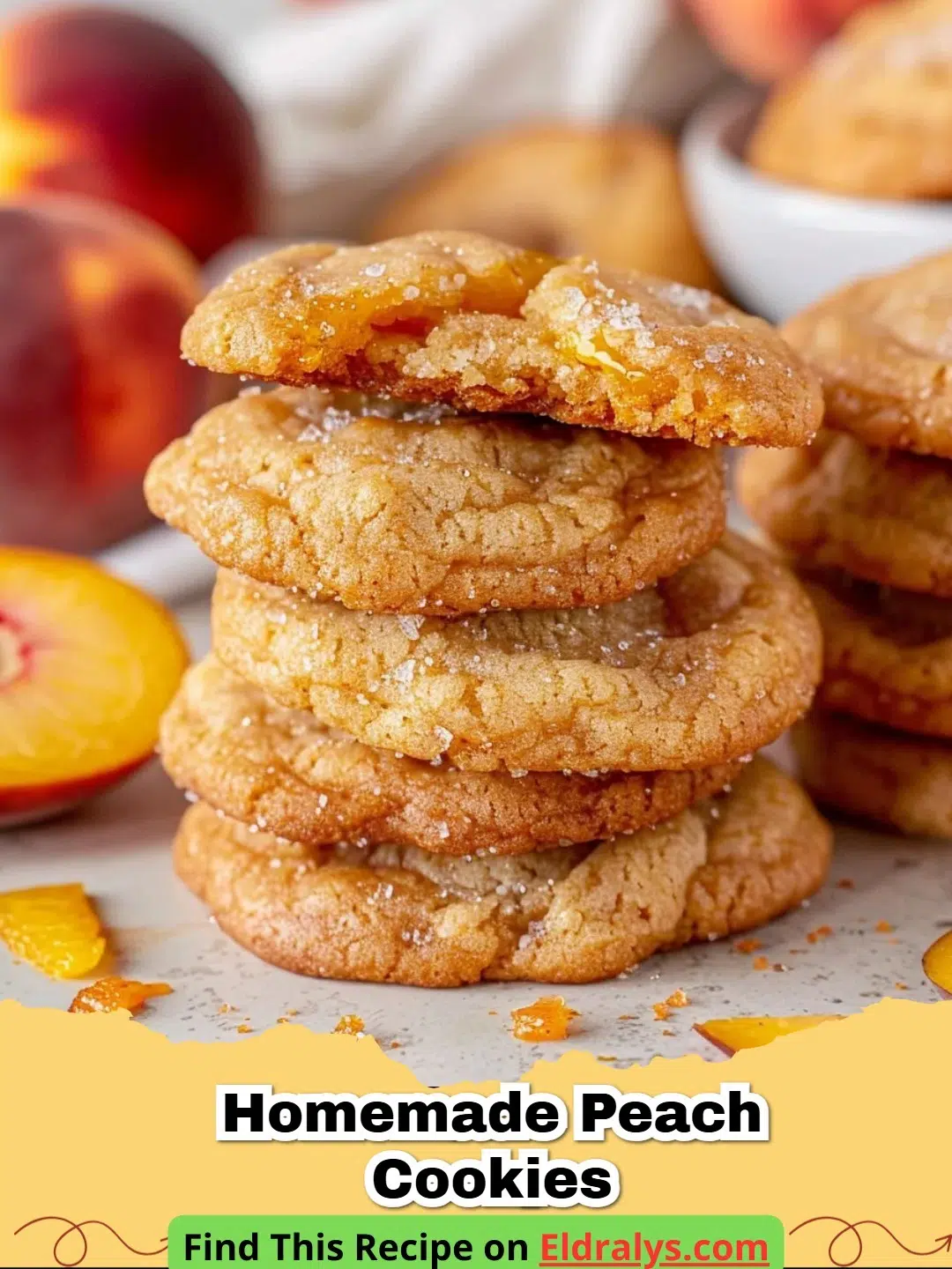 Freshly baked Homemade Peach Cookies on a wire cooling rack with peach slices nearby.