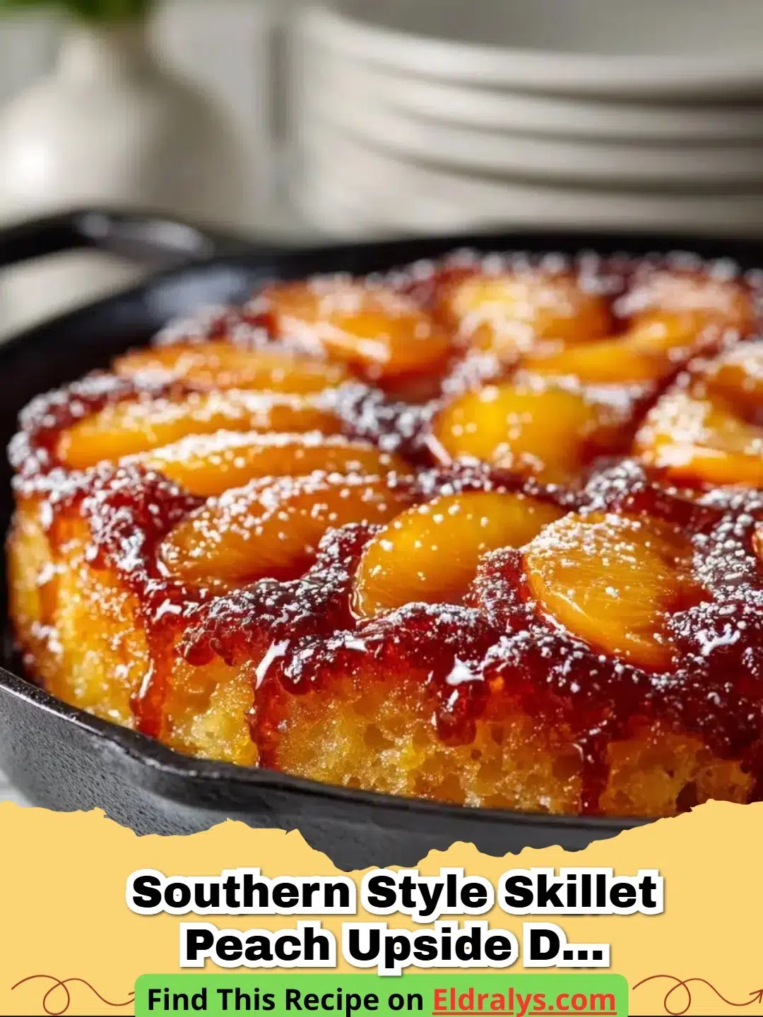 Golden Southern Style Skillet Peach Upside Down Cake with caramelized peaches