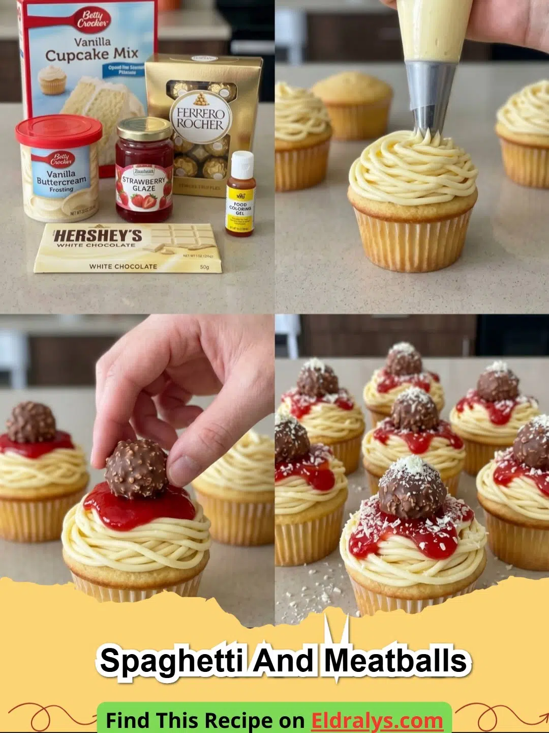 Close up of Spaghetti and Meatball Cupcakes on a white platter.