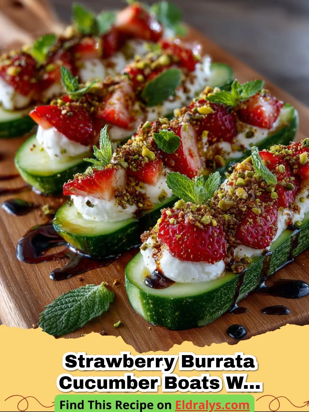 Close up of Strawberry Burrata Cucumber Boats with Pistachio Crunch on a serving platter