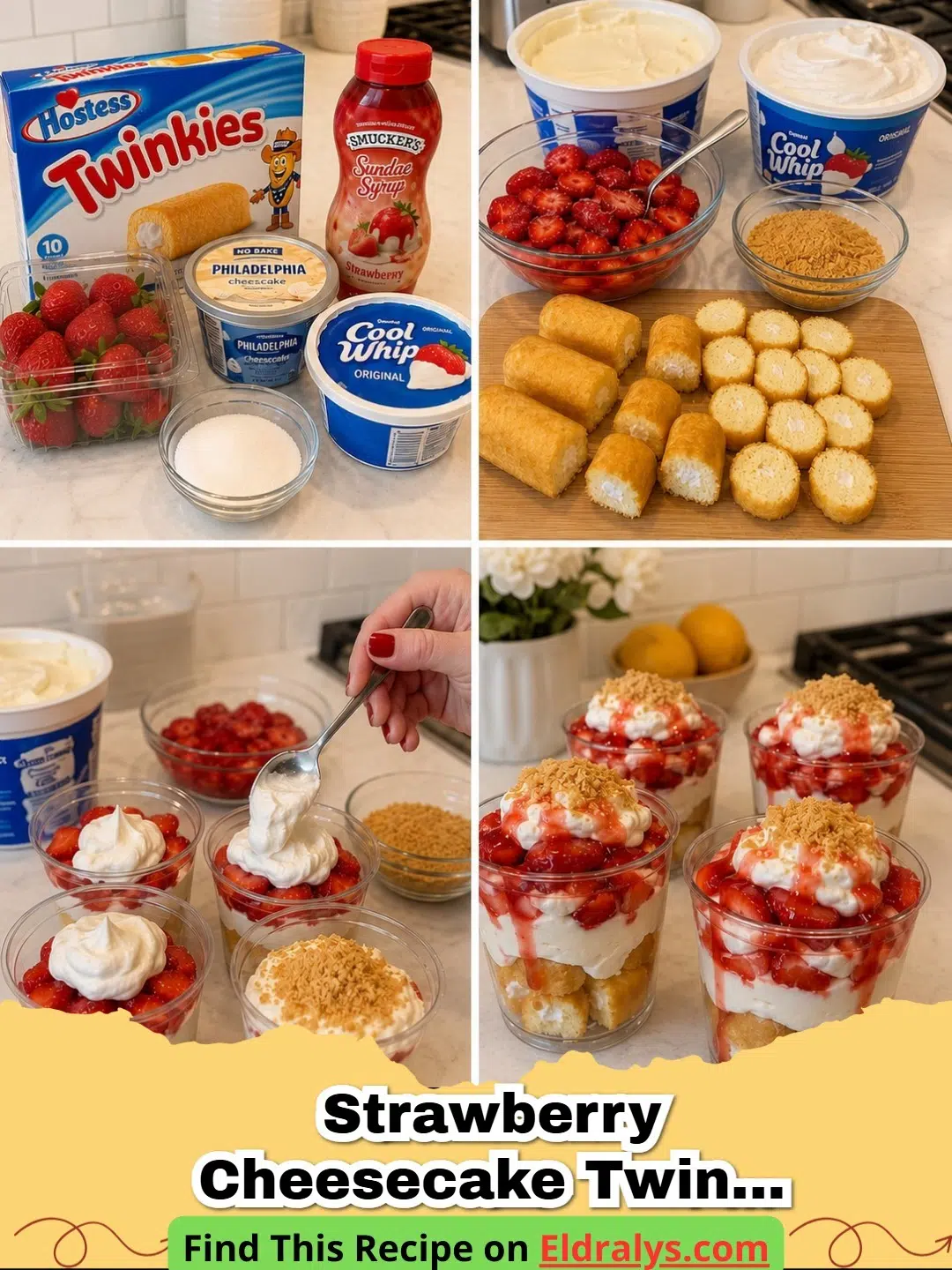 A close up of individual Strawberry Cheesecake Twinkie Cups in clear jars