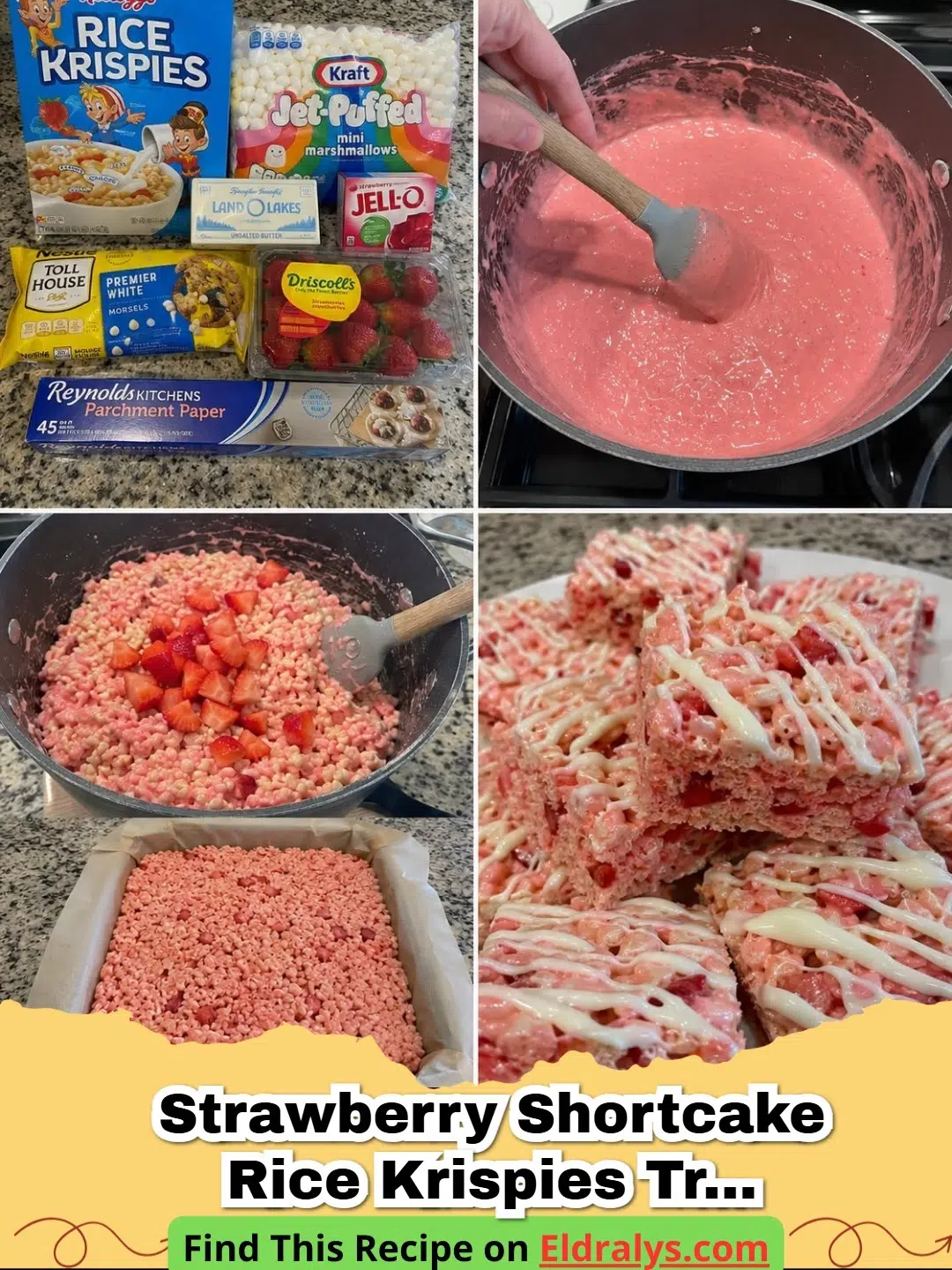 A stack of pink Strawberry Shortcake Rice Krispies Treats topped with white chocolate