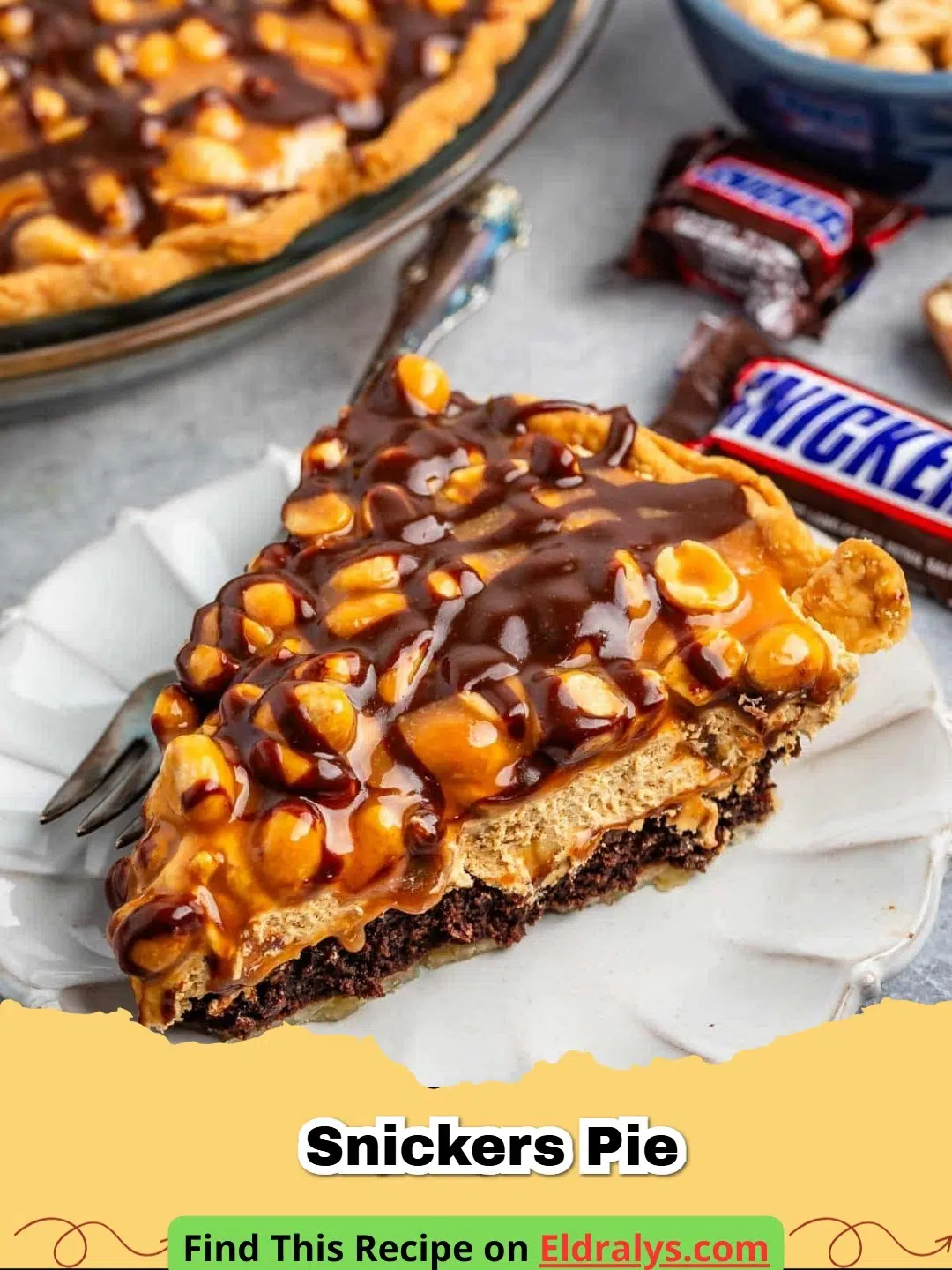 A delicious slice of Snickers Pie topped with caramel and peanuts.