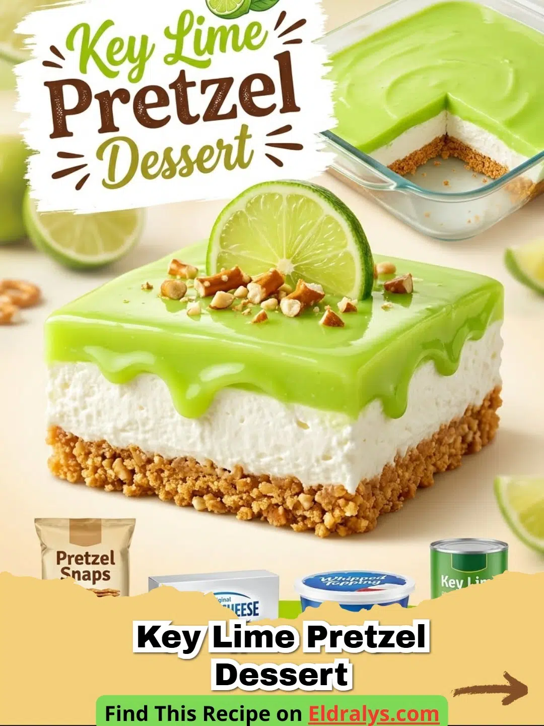 Slices of Key Lime Pretzel Dessert in a pan showing the layers of pretzel crust and lime filling.