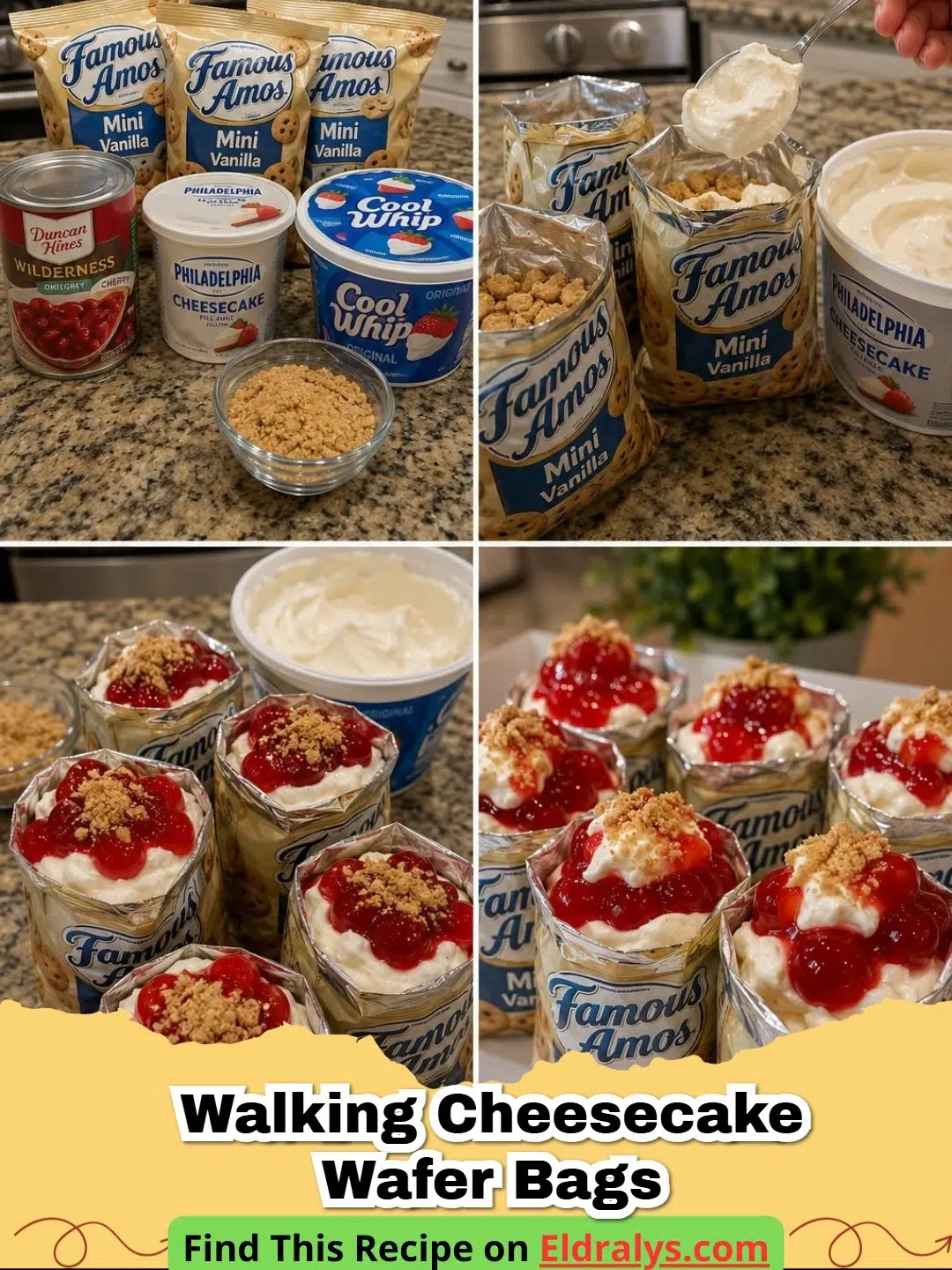 A row of colorful Walking Cheesecake Wafer Bags topped with bright red cherries and strawberries.