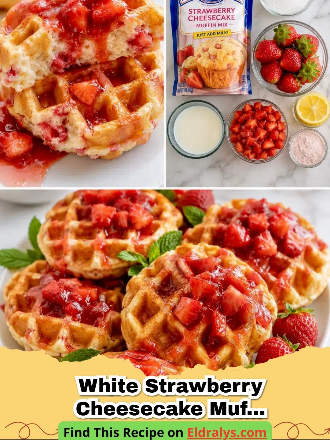 White Strawberry Cheesecake Muffin Mix Waffles with Strawberry Syrup - Golden White Strawberry Cheesecake Muffin Mix Waffles drizzled with fresh Strawberry Syrup on a white plate.